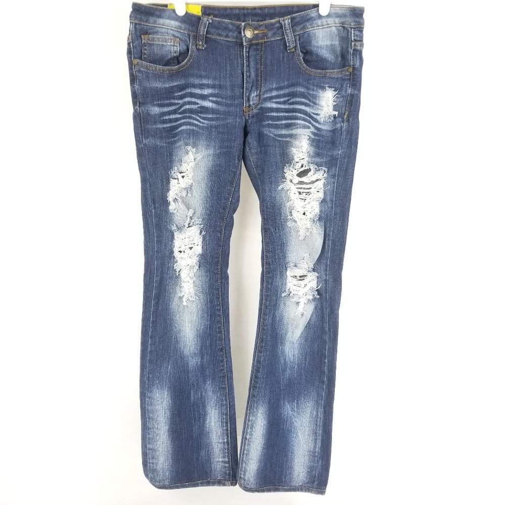 Machine Distressed Bootcut Jeans